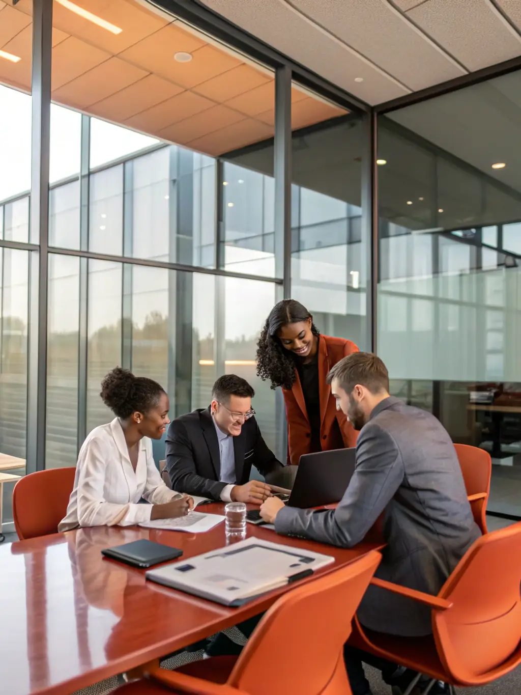 An image of a diverse group of professionals collaborating in a modern office, symbolizing teamwork and innovation.