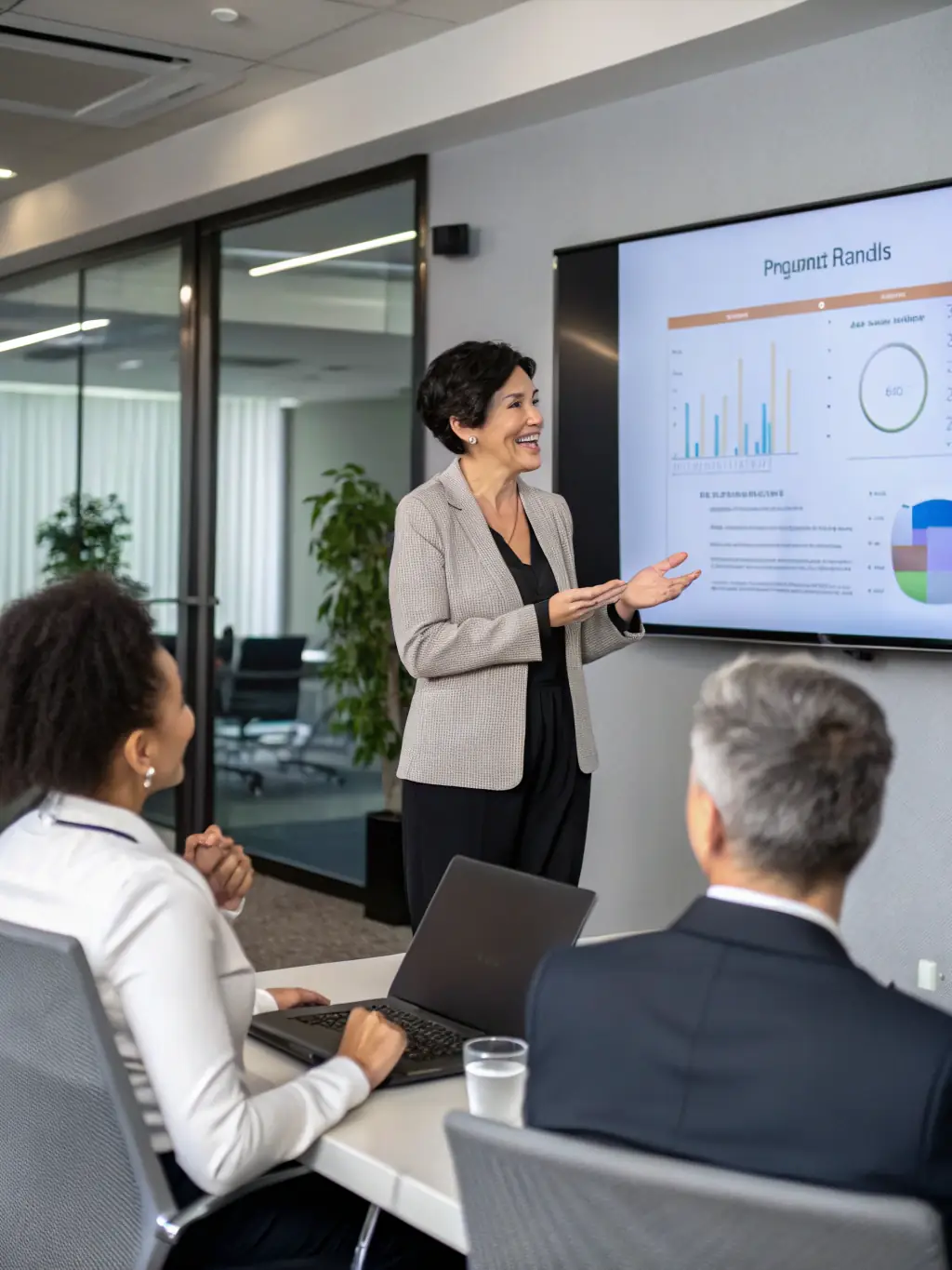 An image of a confident business leader delivering a presentation to a team in a modern office setting.