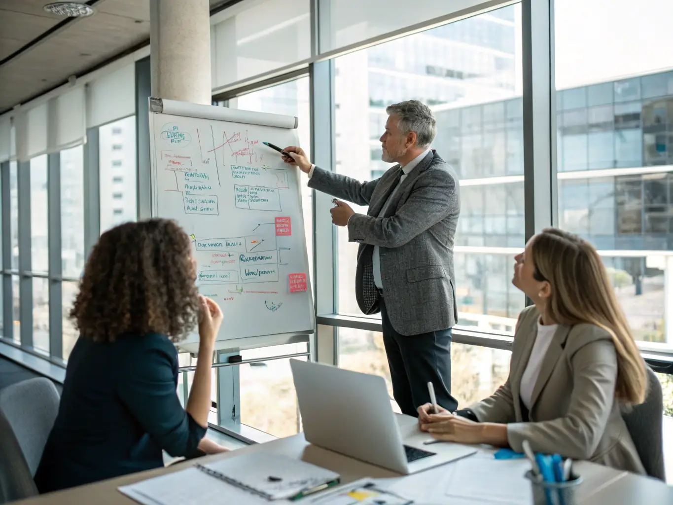 A business coach in a professional setting, guiding a client through strategic planning with visual aids like charts and graphs, emphasizing a collaborative and analytical approach.