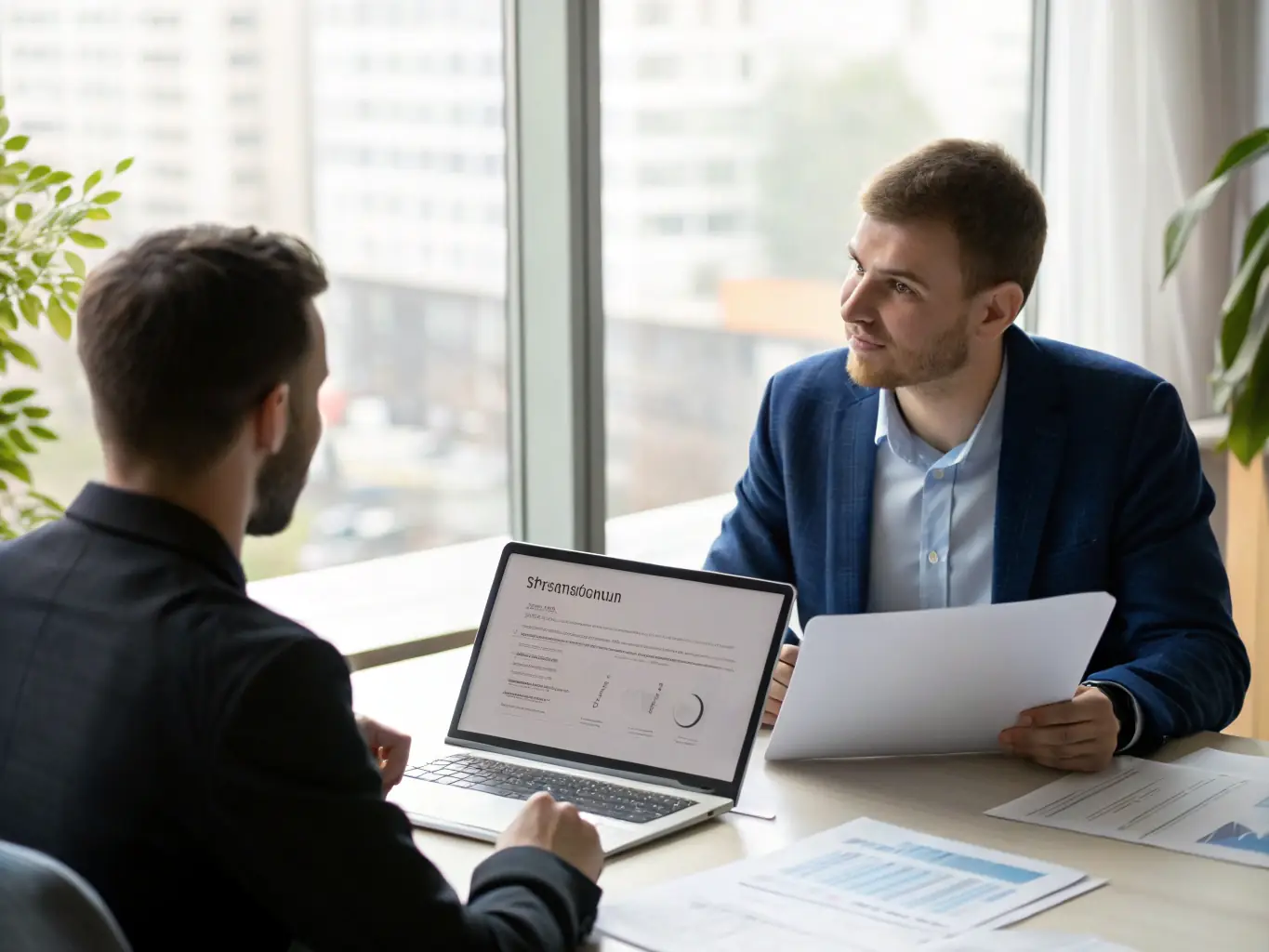 A marketing coach reviewing digital marketing analytics with a client, discussing strategies to improve online presence and customer engagement, highlighting data-driven decision-making.